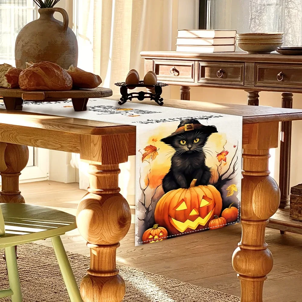 1Pc Halloween Style Table Runner Multicolor Black Cat Pumpkin Happy Halloween Print Table Cover Dining Table Kitchen Desktop Hom