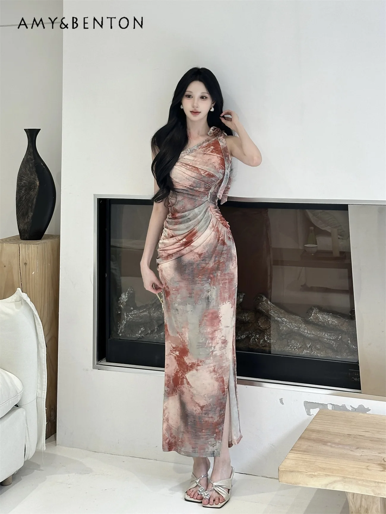 

2025 Summer New Colorful Printed Asymmetrical Shoulder Long Dress Tie-Dye Sexy Strap High Waist Slim Fit Slit Dress