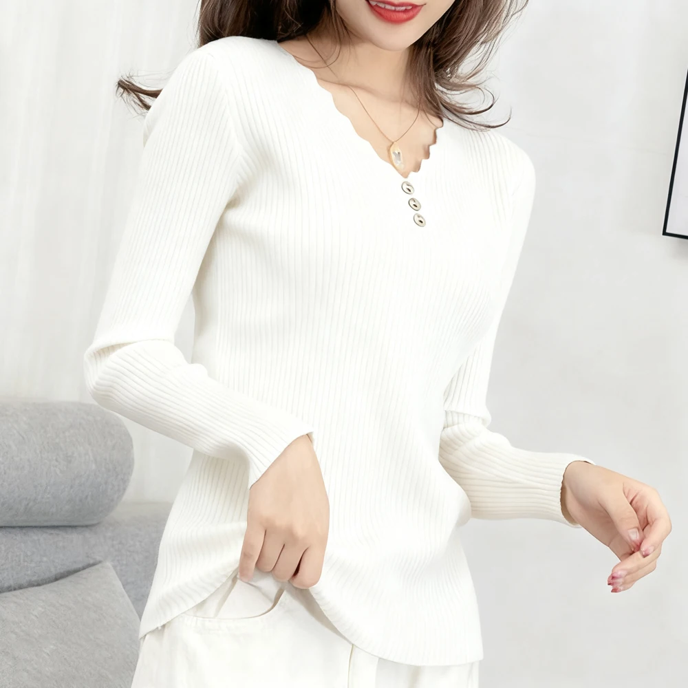 Women V Neck Full Sleeved Wave Cut Knit T Shirt Women S-2XL Black White Yellow Color Pullover Sweater Girl Top Femme Clothing