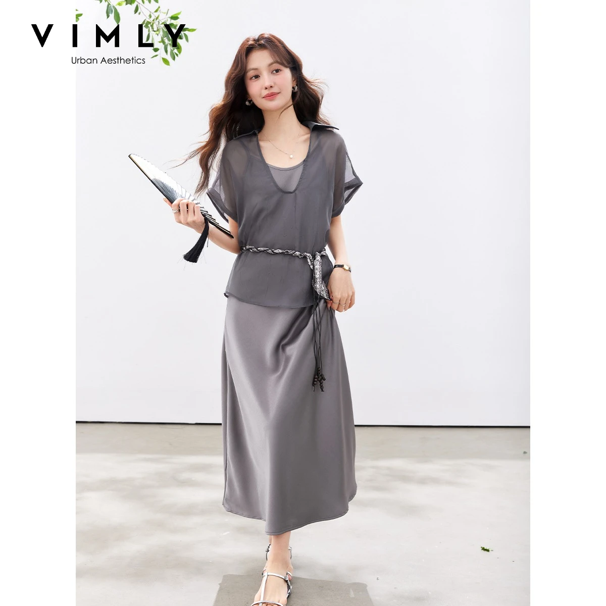 VIMLY Style Women's Summer Suit 2026 New Light and Thin Shirt Section Spaghetti Strap Dress Two-Piece Set Ladies Clothes 30900