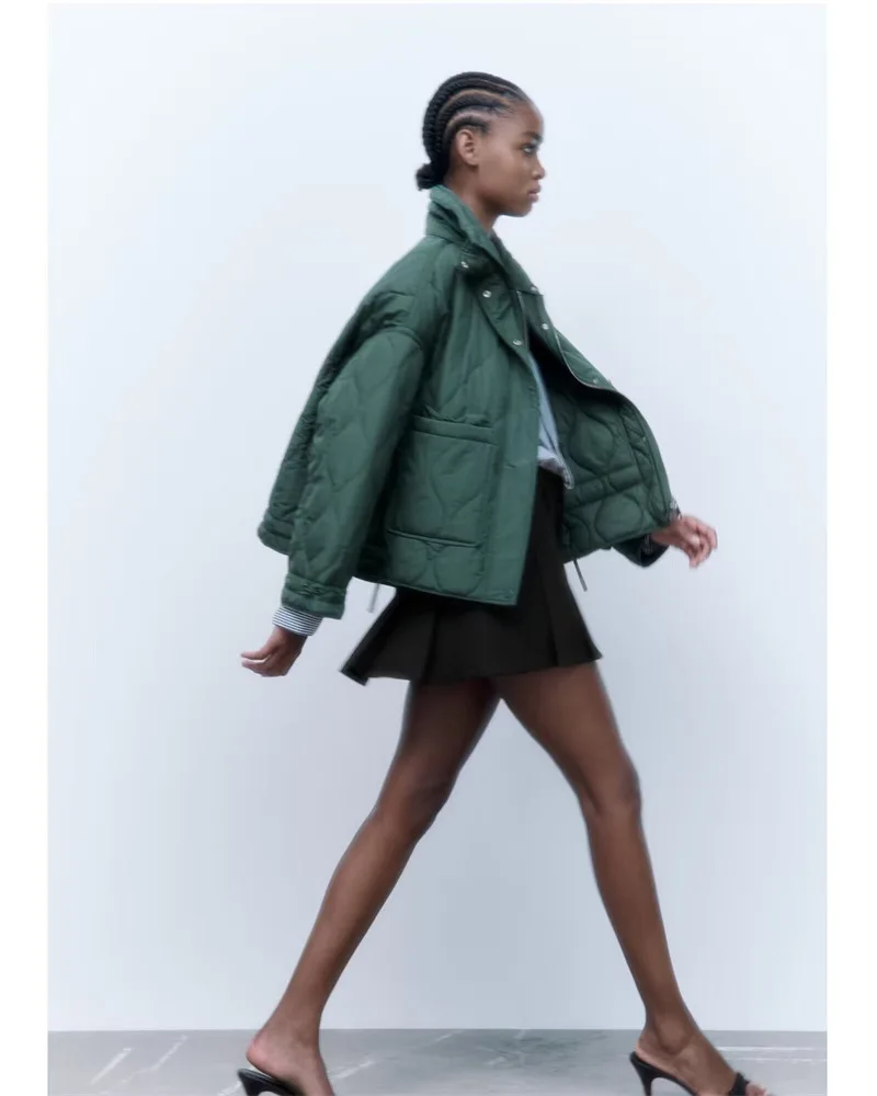 Quilted coat for women ETJ 2025 QUILTED JACKET WITH TIES new beige drawstring high neck pocket clip cotton jacket for women