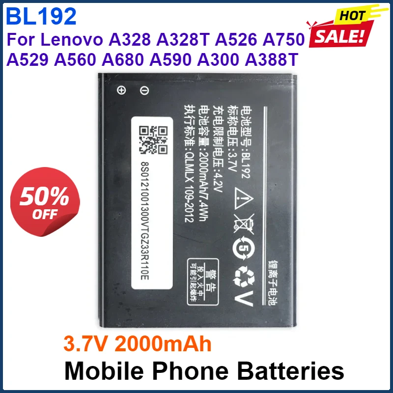 

3.7V 2000mAh Mobile Phone Batteries BL192 For Lenovo A328 A328T A526 A750 A529 A560 A680 A590 A300 A388T A505E Portable Battery