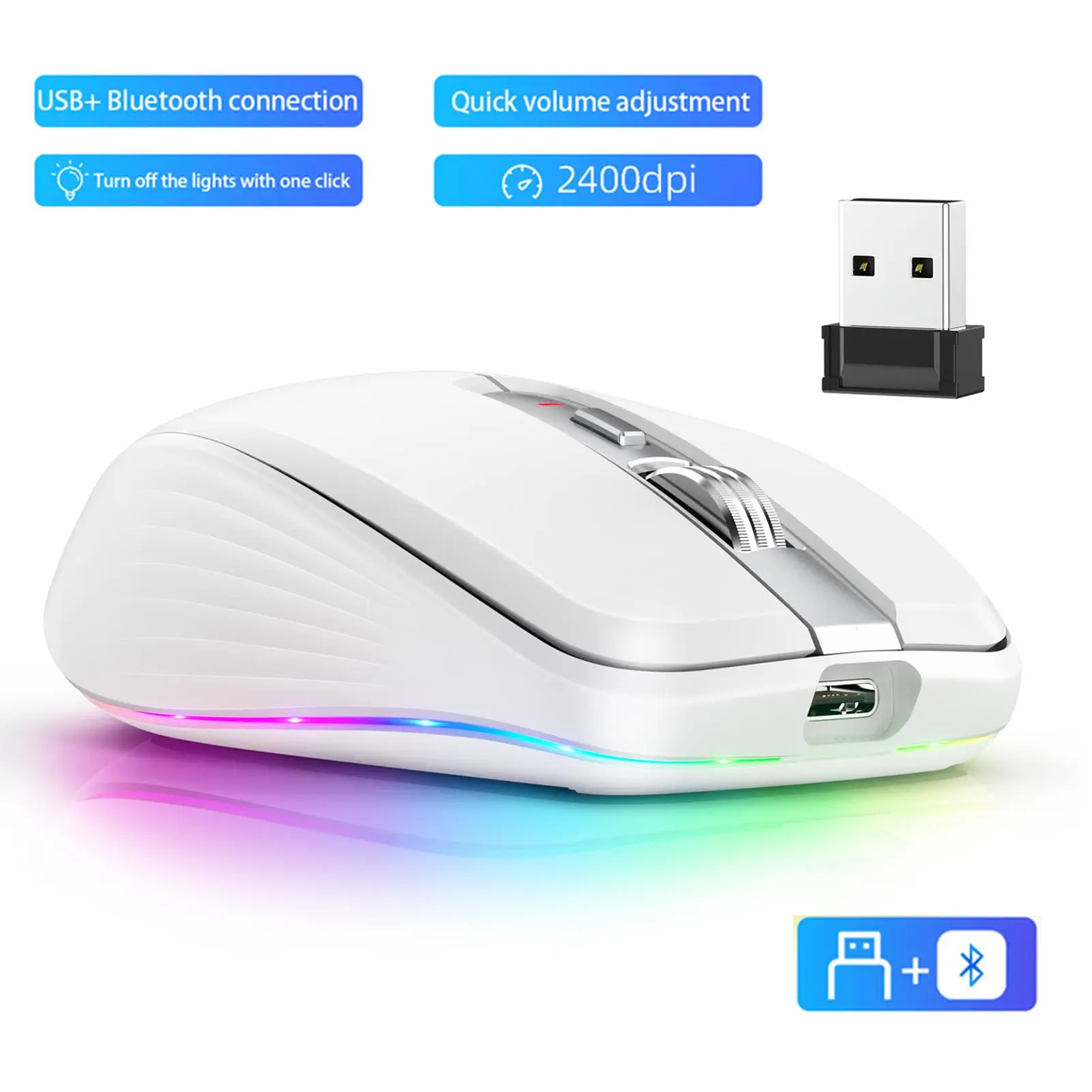 2.4G BT5.1 Dual-mode Wireless Gaming Mouse RGB Lighting Charging Mice with Adjustable DPI Ergonomic Design for Laptop Computer