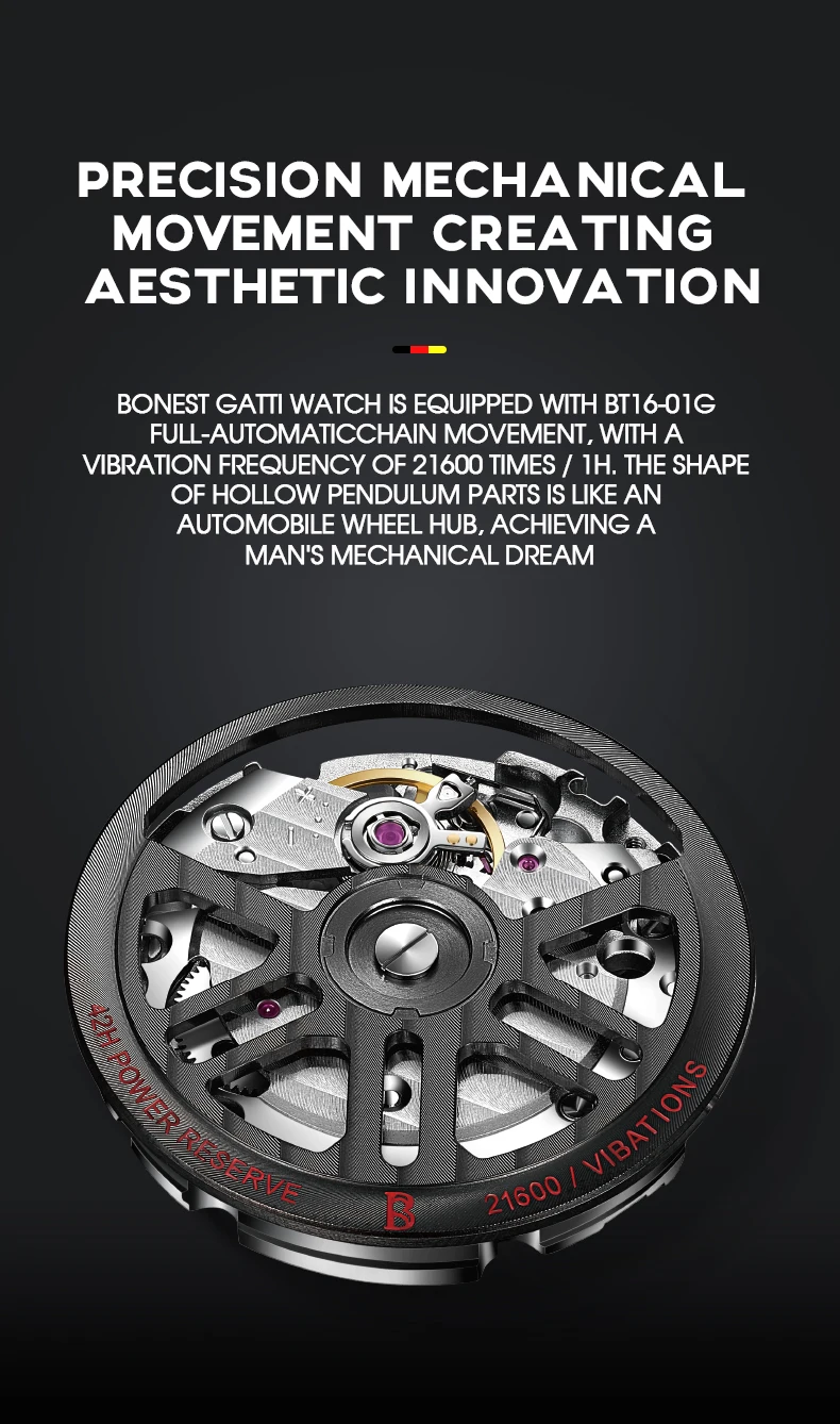 BONEST GATTI ساعة أوتوماتيكية للرجال ساعات فاخرة ساعة يد ميكانيكية عسكرية هيكل عظمي مقاوم للماء حزام فولاذي مضيء من الياقوت #4