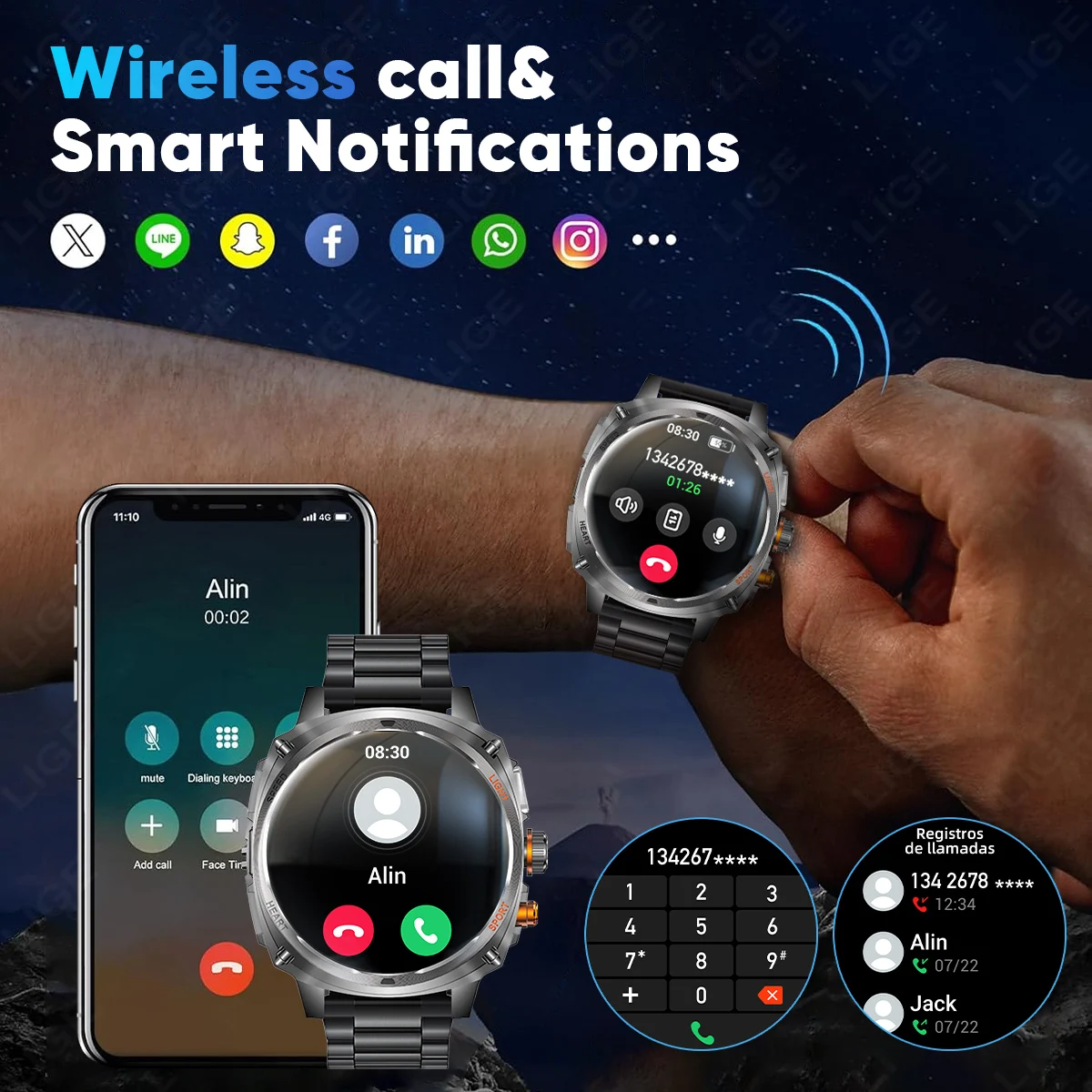 LIGE جديد 1.75 في الهواء الطلق العسكرية رجل ساعة ذكية الرجال بلوتوث دعوة Smartwatch الرجال لنظام أندرويد IOS IP67 مقاوم للماء ساعات اللياقة البدنية