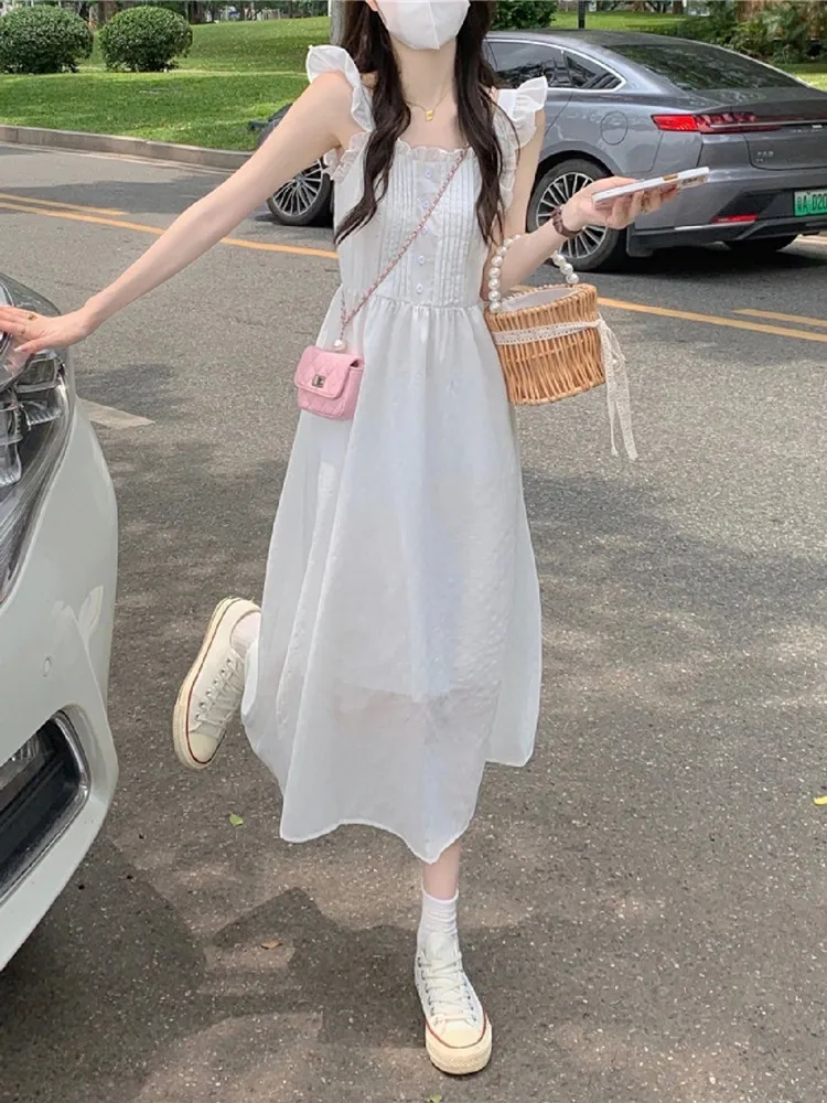 

Elegant White Strapless Long Dress Women's Summer Fashion Design Sensation Fairy Skirt A-Line Midi Dress Korean Style