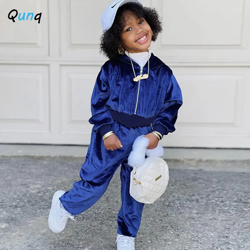 Qunq Autumn Winter Boys And Girls Solid Velvet Long Sleeve Hooded Zipper Pencil Jumpsuit Streets Fashion Kids Clothes Age 3T-8T