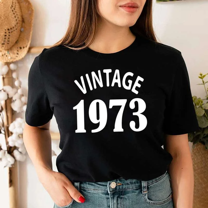 

Birthday Gift Shirts Vintage 1973 Tshirt for Women Letter Print Retro Birthday Casual Tee Tops