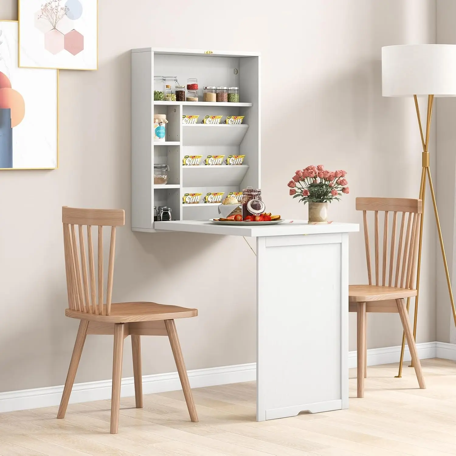 Wall Mounted Desk, Fold Out Laptop Table, Home Office Study Workstation, Hanging Organizer Cabinet With Storage Shelves, Modern Space Saving Furniture, White