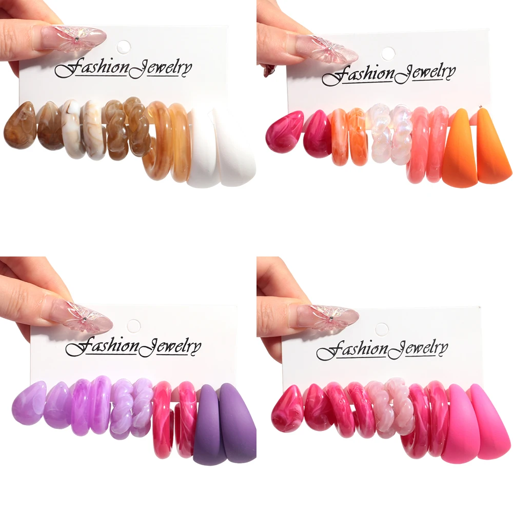 Korean Fashion 5Pair Geometric Acrylic Earrings for Women Retro Colorful Resin Circle Wate Drop Hoops Jewelry Set Birthday Gifts