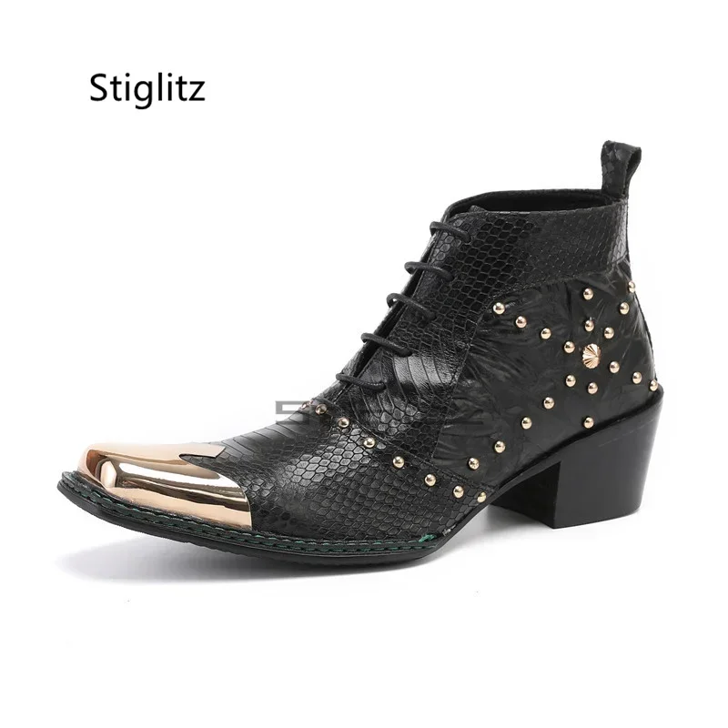 Black Cowhide Men's High Heels Anke Boots Rivet Lace Up Metal Square Toe Genuine Leather Chelsea Boots Stage Show Party Shoes