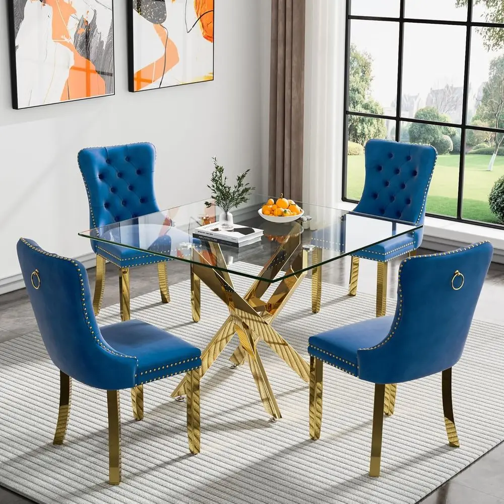 4-Person Glass Top Dining Table Set with Upholstered Chairs, 35 Square, Gold & Blue Accents for Small Kitchen or Breakfast Nook