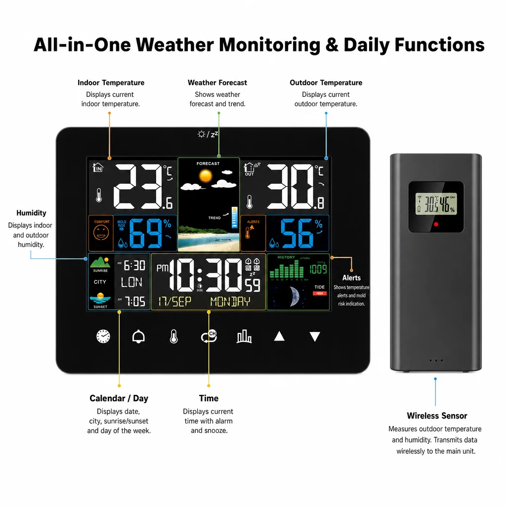 Screen Touch Weather Clock Rf Temperature and Humidity Sensor Weather Forecast Clock Large Screen Weather Station