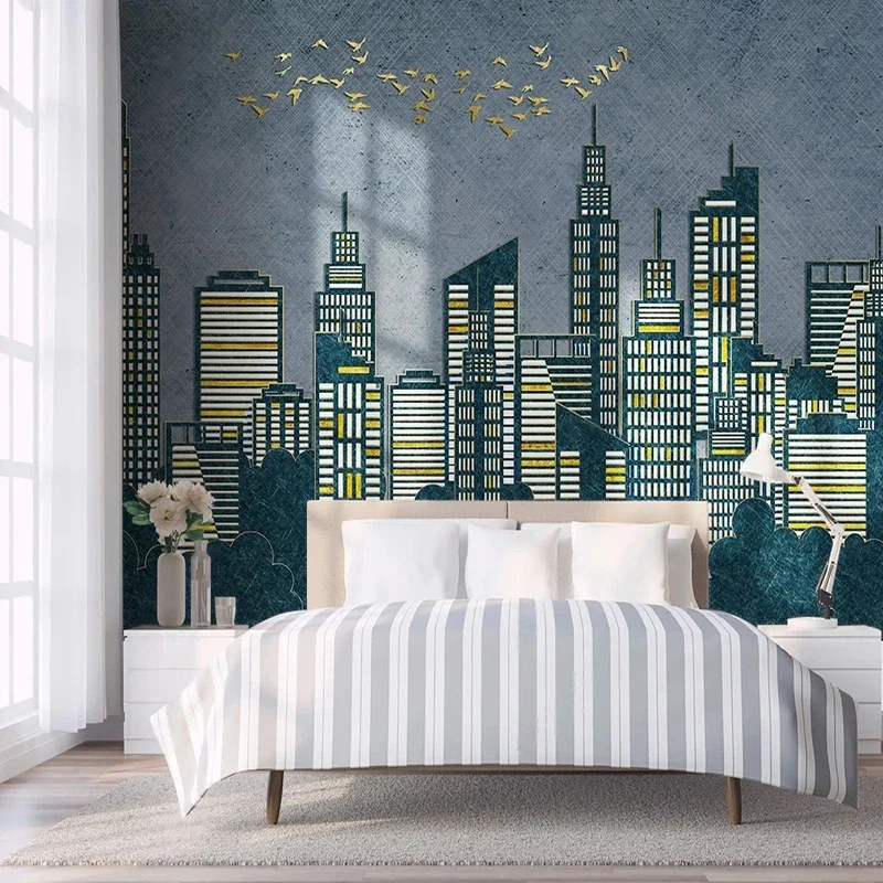 

Photo Wallpaper Nordic Retro Geometric Golden Architecture Flying Birds Mural Wall Cloth Living Room TV Sofa Backdrop Walls 3 D