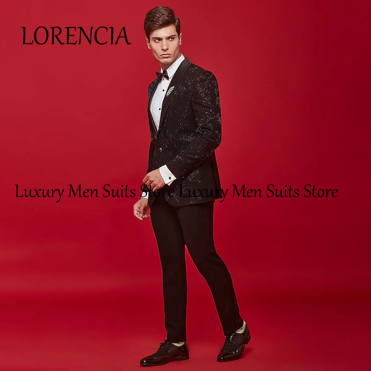 

Customized Jacquard Shawl Lapel Groom Tuxedo Male Prom Blazers Beaded 2025 Men Suit Crystals 2 Pieces Sets trajes para hombre