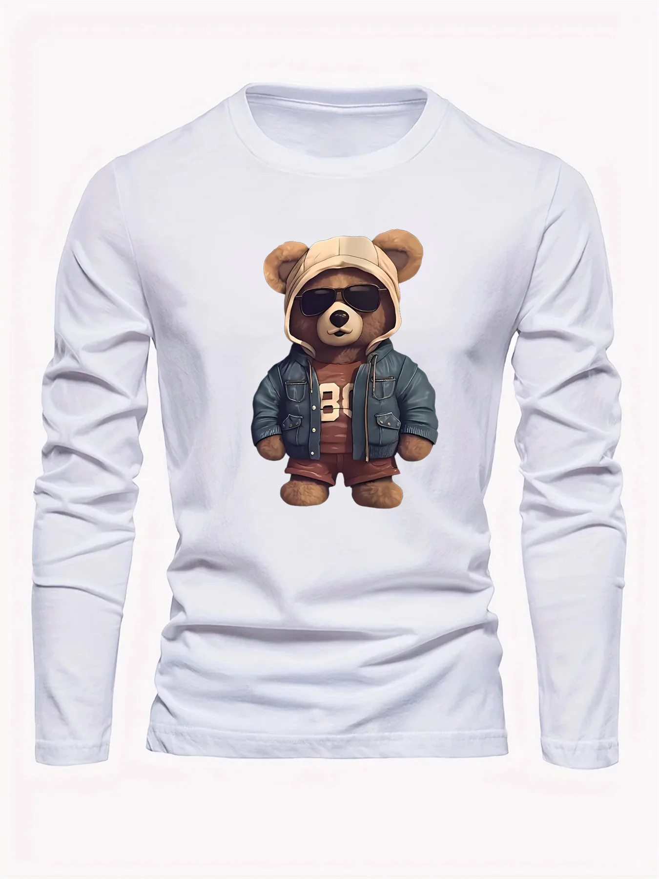 100 coton hommes décontracté à manches longues col rond ample ours motif imprimé automne et hiver T-shirt haut polyvalent