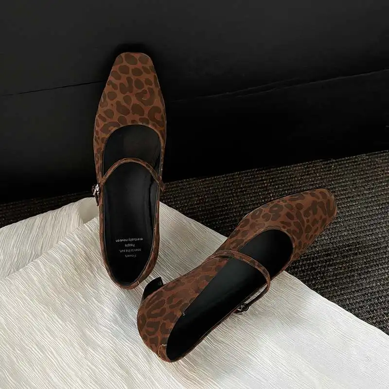 Krazing Pot Sheep Skin Suede Ins Square Toe Thick Low Heels Street Wear Summer Leopard Patterns Vintage Chic Women Shallow Pumps view 6