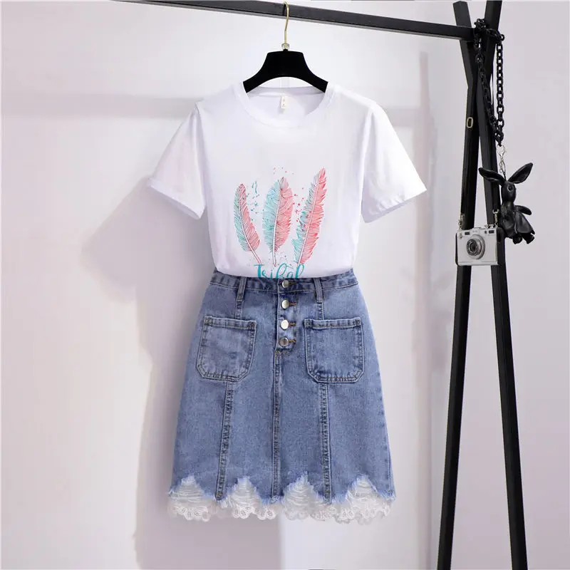 Korean Letter Printing Chrysanthemum Short-sleeved T-shirt Lace Denim Skirt Two-piece Elegant Women\'s Pants Set Summer Outfits