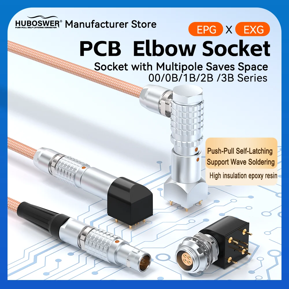 EPG EXG Elbow 90° PCB Socket Printed Circuit 00B 0B 1B 2 3 4 5 6 7 8 9 10 Pin  Push-Pull Self-Latching Connector Compatible LEMO