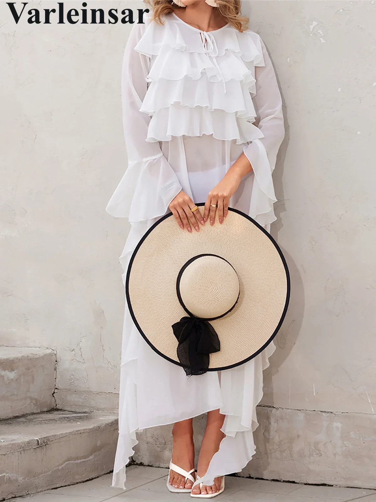 2025 Ruffledแขนยาวดูผ่านถักเสื้อBeach Cover Up Cover-UpsชุดชายหาดชายหาดBeachwearหญิงผู้หญิงV6462