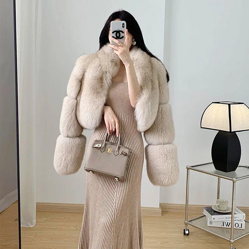 

Natural Fur Coat Women's Winter New Fashion Short Solid color Sexy Warm Fluffy Temperament Stand Collar Whole Fox Fur Coat