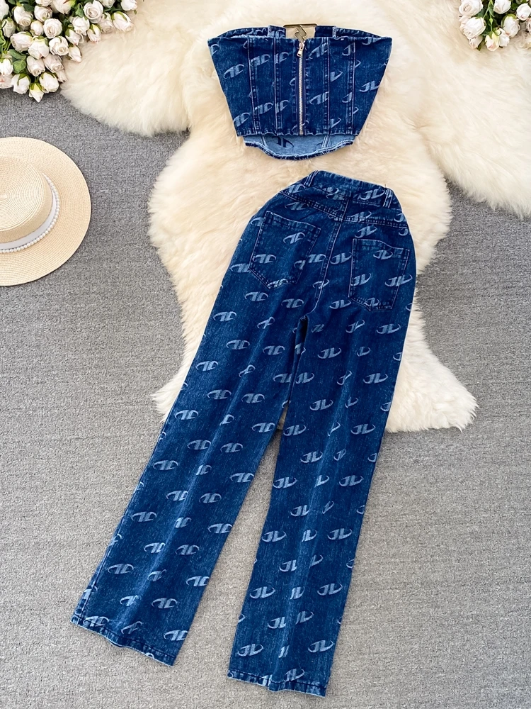 Women'S Fashion Suits Denim Sets Woman Outfits Retro Bra Denim Tank Top Two Piece Casual High Waist Slim Straight Trousers Sets