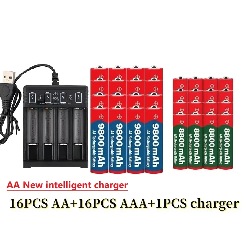 NEW 1.5V AA9800mAh+AAA8800mAh+USBcharger 1.5V, Rechargeable Nickel Hydrogen Battery, Used for Electronic Toys,  Camera Batteries