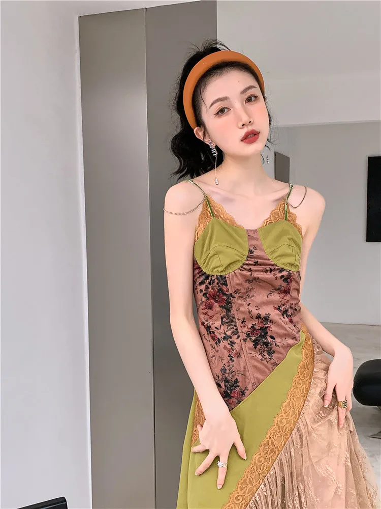 CHEERART Summer Slip Dresses For Women 2022 Backless Spaghetti Strap Patchwork Lace A Line Long Boho Dress Designer Clothing