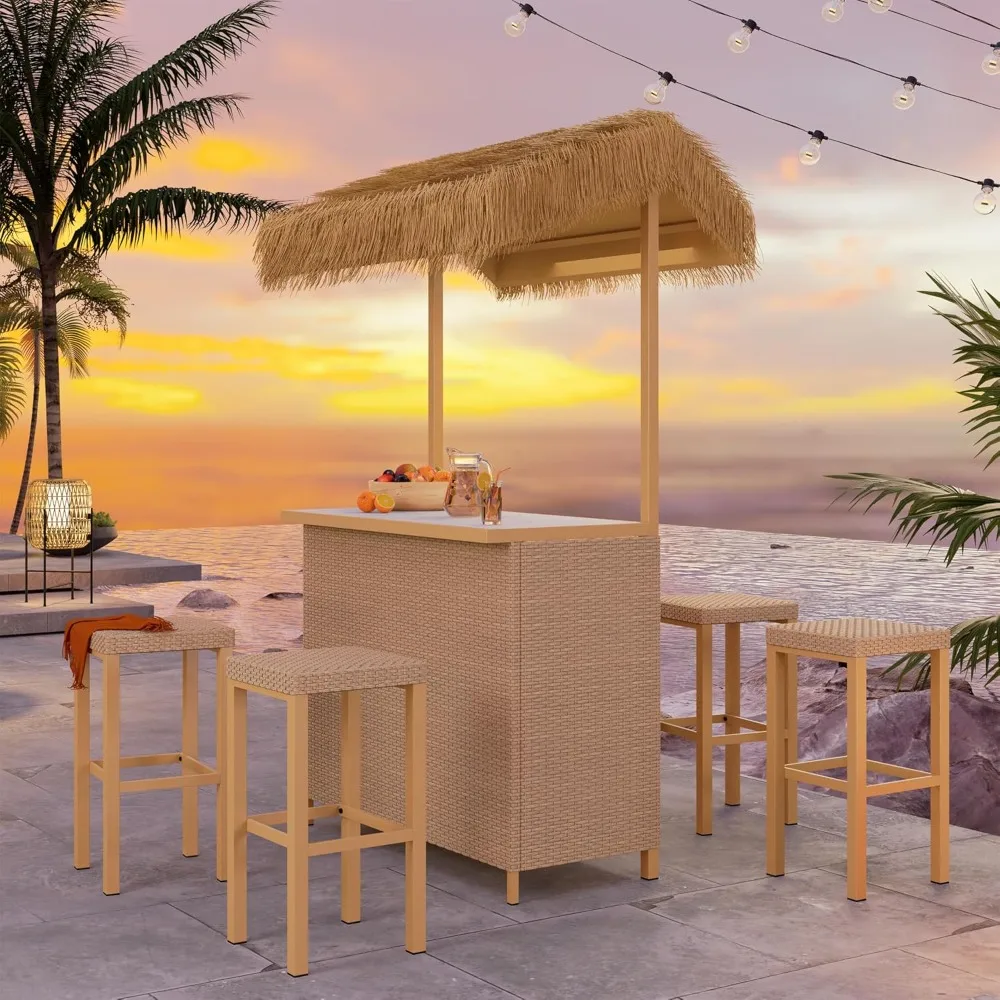 Conjunto de bar Tiki para exterior com tampo de cerâmica ampliado (42" de largura), Phuket 5 peças de vime Islander Tiki Bar e 4 bancos de armazenamento