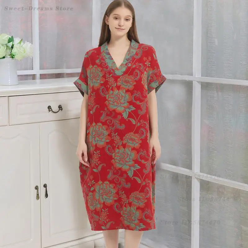 Spring Summer Short Sleeved Nightgown Cotton Jacquard Nightdress Long V-Neck Home Dressing Loose Casual Sleepwear Loungewear 4