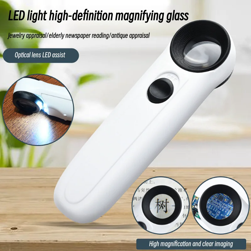 40X Handheld Magnifying Glass with Two LED Lights for Identifying Jewelry Diamond Jade and High-definition Magnifying Glass