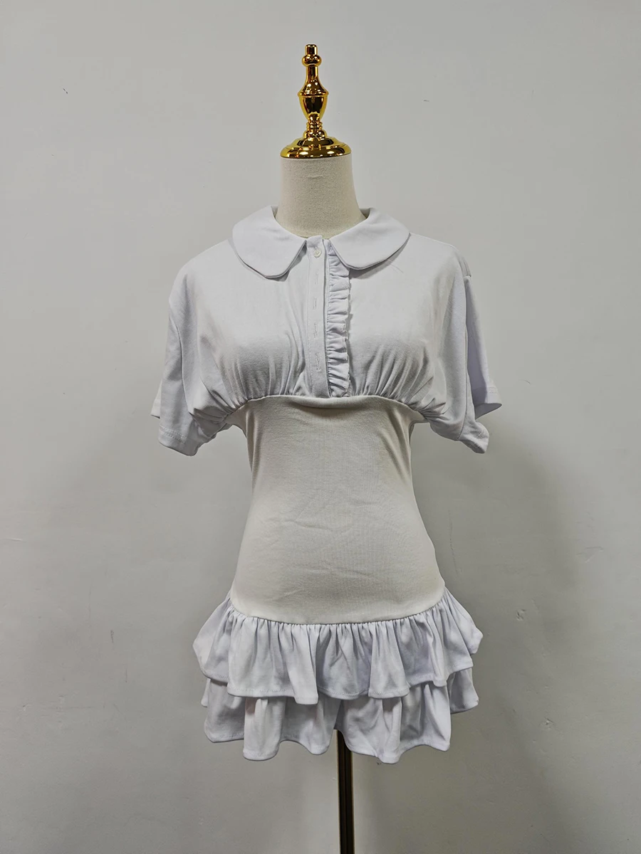 TWOTWINSTYLE Hit Color Slimming Mini Dresses for Women Lapel Short Sleeve Tunic Temperament Mini Dress Female Fashion