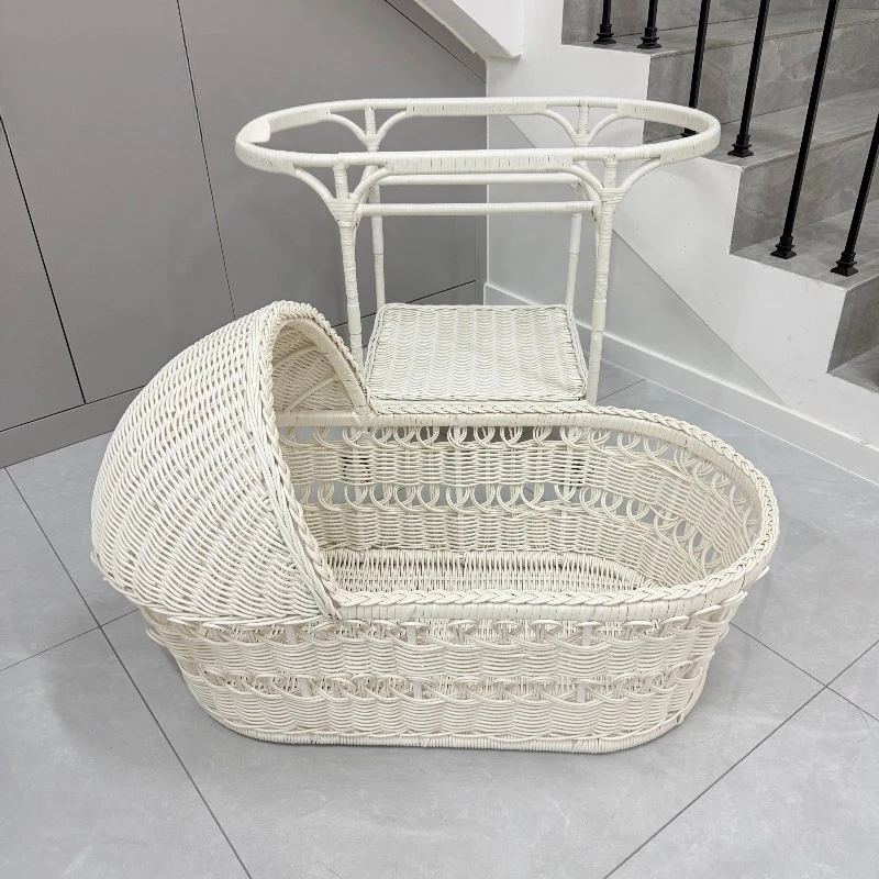 2026 new rattan baby cradle with canopy and wheels, high quality handmade wicker baby cradle with bottom storage basket