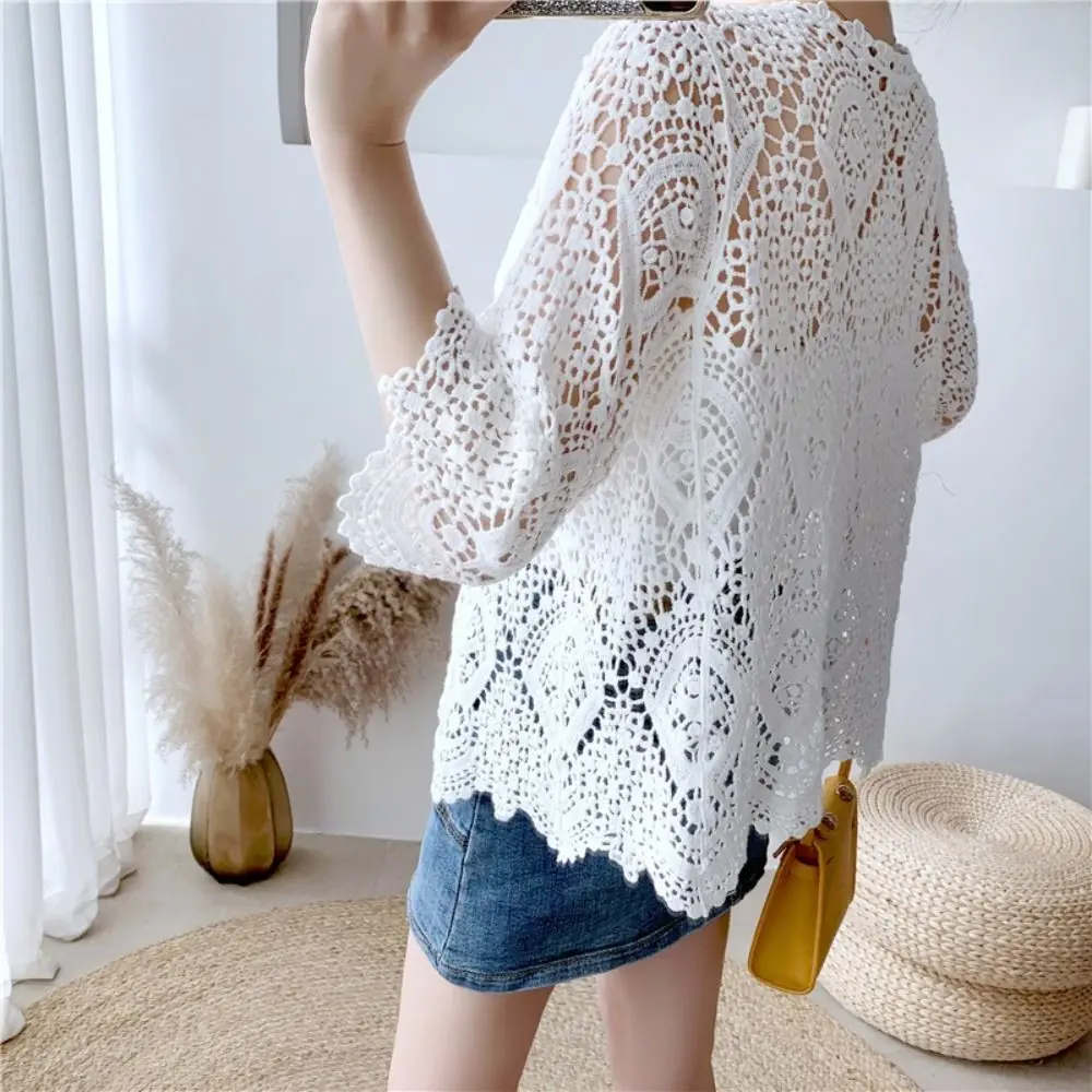 Fashion 3/4 Sleeves Knitted Shrug Hollow Boho Style Crochet Cardigan Open Front Cardigan Summer