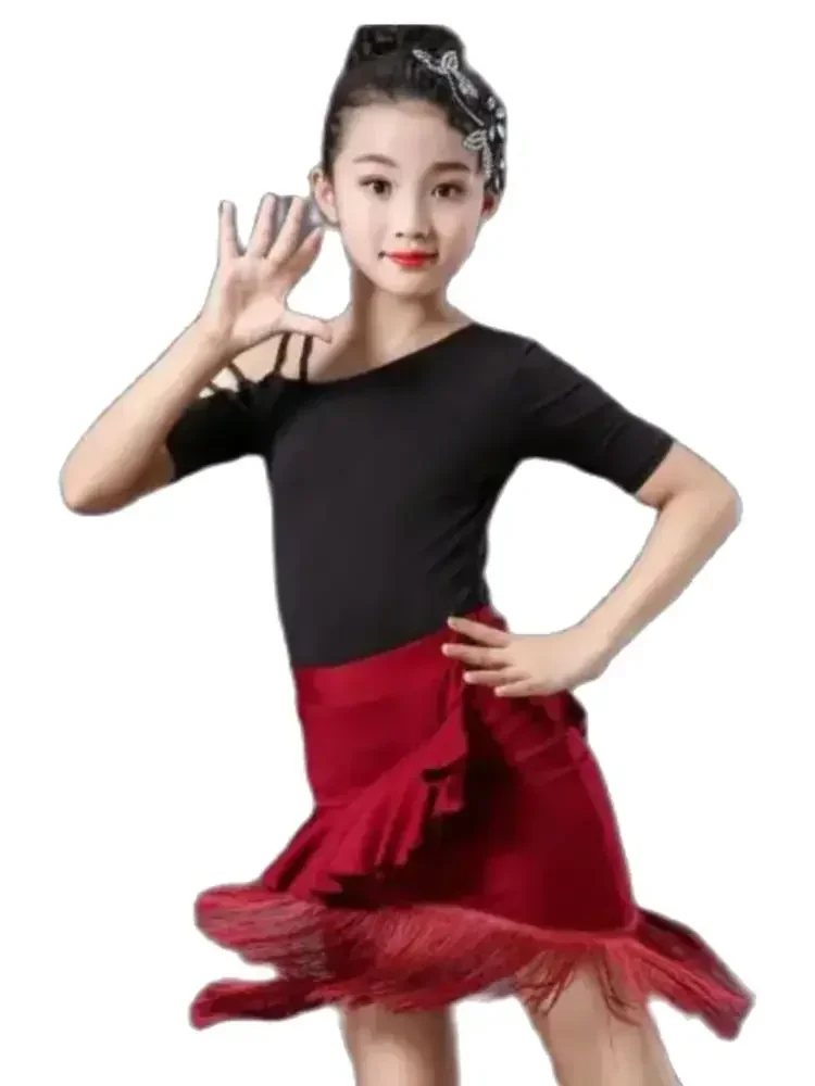 

1set/lot Children Dress for Dancing Latin Dance Dresses for Girls Short Full Sleeve Salsa Tango Kids Dance Costume