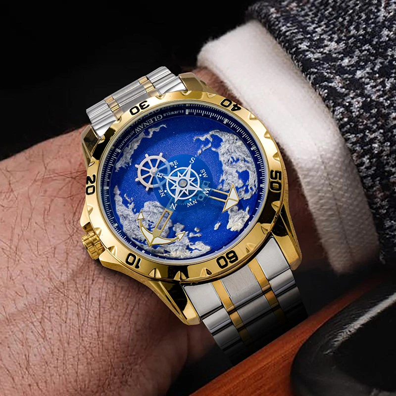 Серия GLENAW Explorer, полностью автоматические механические золотые и серебряные двухцветные часы с ремешком, синий циферблат земли, парусные часы высокого класса