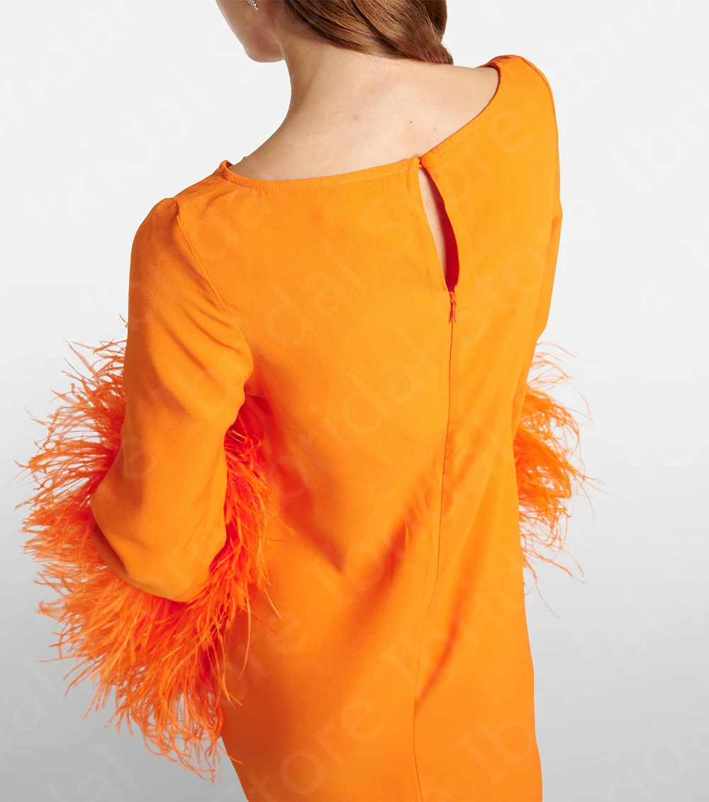 Robe en plumes orange mi-mollet pour mère de la mariée, robe de soirée de mariage, manches longues, fente arrière, moderne, 2024