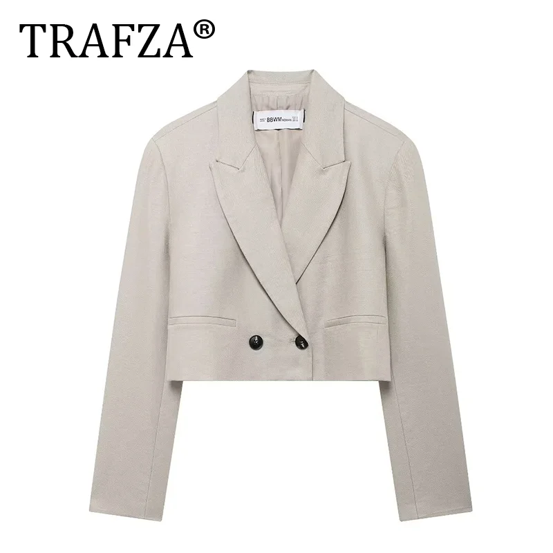 TRAFZA Vintage Frauen Anzug Solide V-ausschnitt Taste Kurzen Blazer Schärpen Gerade Mini Rock Shorts Mode 2024 Herbst Büro Tragen Set