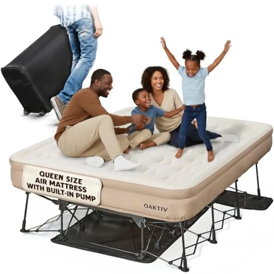 Queen Air Mattress with Frame for Camping and Home Use, PVC Material, Gray, Self-Inflating/Deflating with Built-in Pump and Tra