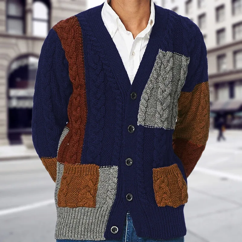 Herbst und Winter neue Luxus mode verdickte Männer Patches Kontrast gestrickte Strickjacke V-Ausschnitt Langarm Pullover Mantel Herren Top