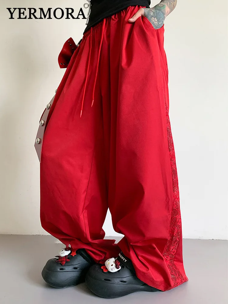 

YERMORA High Elastic Waist Red Spliced Lace Drawstring Wide Leg Pants For Women Loose New Trousers Fashion Spring Summer 2025