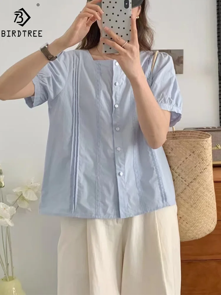 

New Summer Cotton Short Sleeve Shirt Women Square Neck Folds Patchwork Top Girl Loose Retro Commute Blouse 2024 Autumn T45098QM