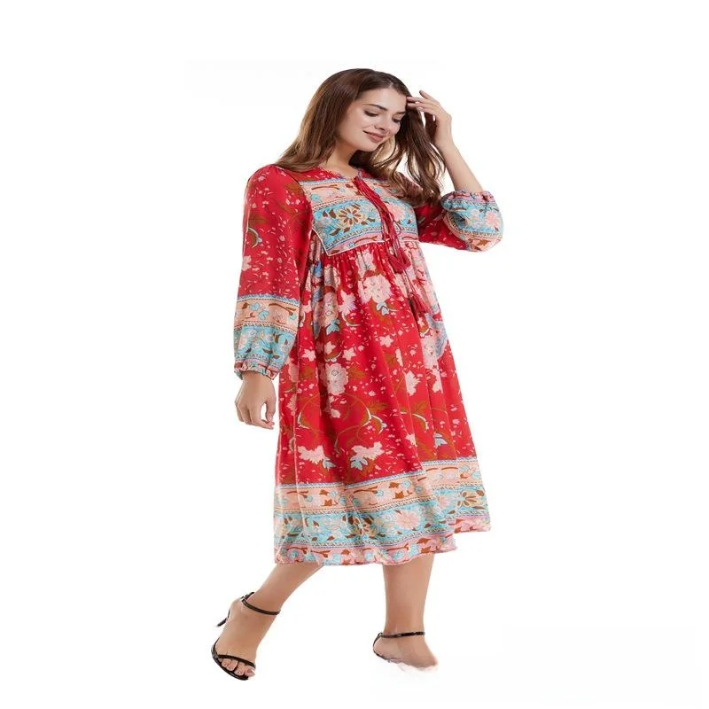 프린트 롱 드레스 멀티플 플로럴 루즈 실루엣 하이 웨이스트 파이버 시워크 원피스 겨울 컬렉션