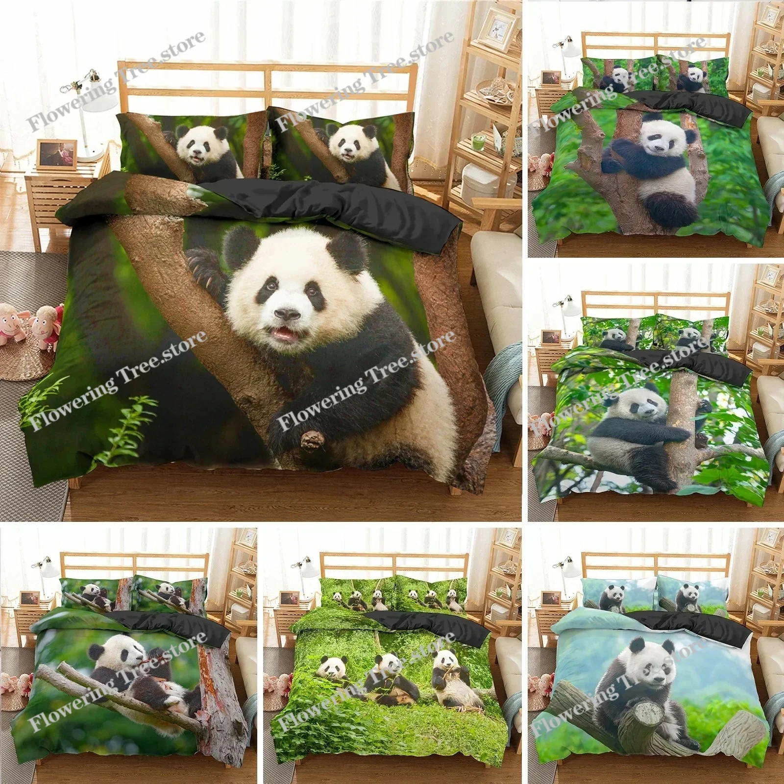 Panda Duvet Cover Set King Queen Cute Animal Different Poses Bamboo Branch Bedding Set Black White Polyester Quilt Cover