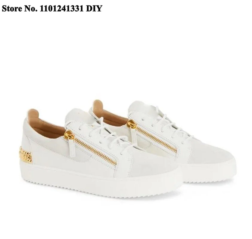 White Leather Shoes Studded Low-Top Sneakers Men Side Zipper Gold Tone Board Casual Shoes Zapatillas Chaussure Man\'s Shoes Flats