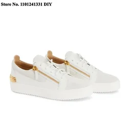 White Leather Shoes Studded Low-Top Sneakers Men Side Zipper Gold Tone Board Casual Shoes Zapatillas Chaussure Man's Shoes Flats