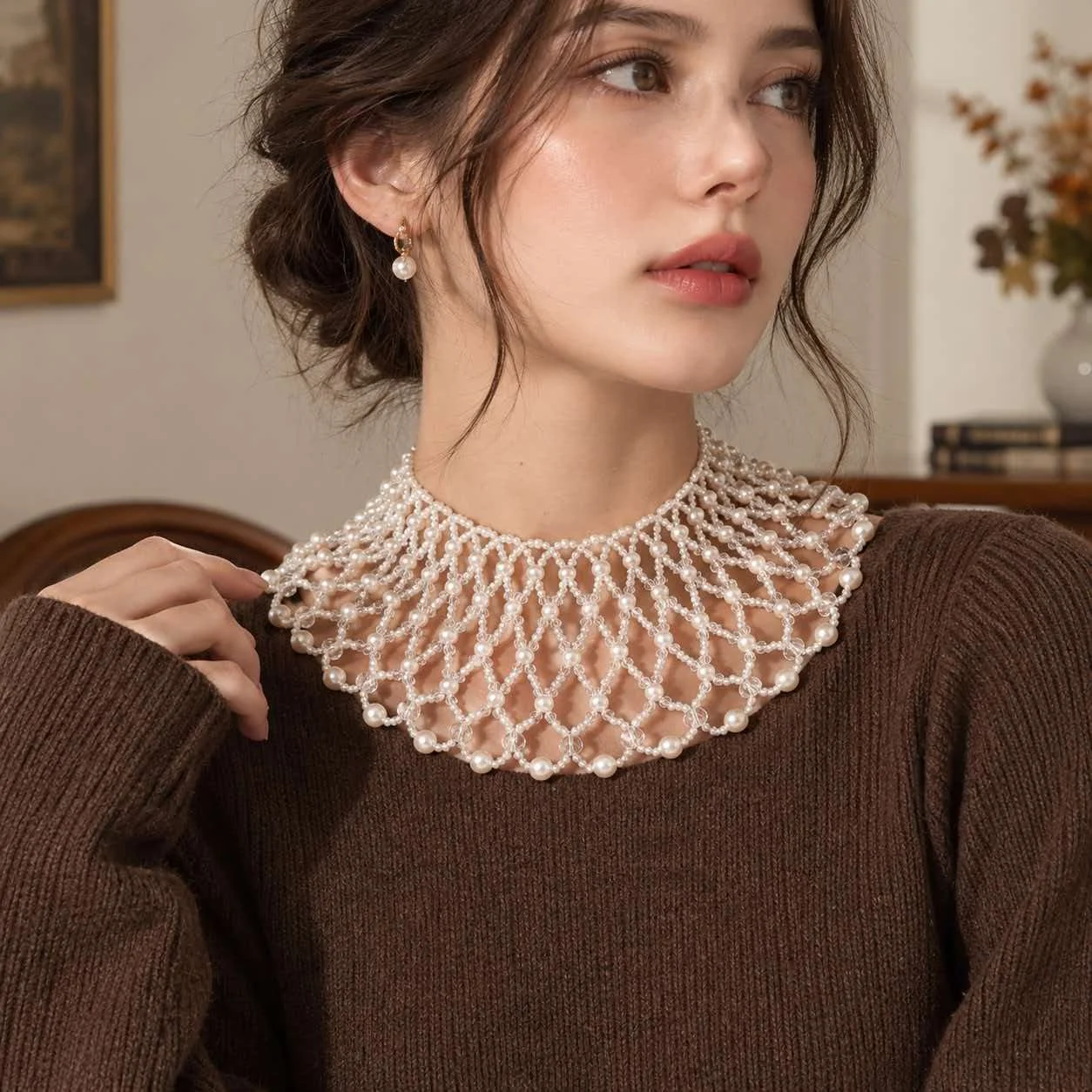 Handmade Imitation Pearl Lace Collar Necklace, Elegant Fringe Bib Statement Choker Jewelry for Women