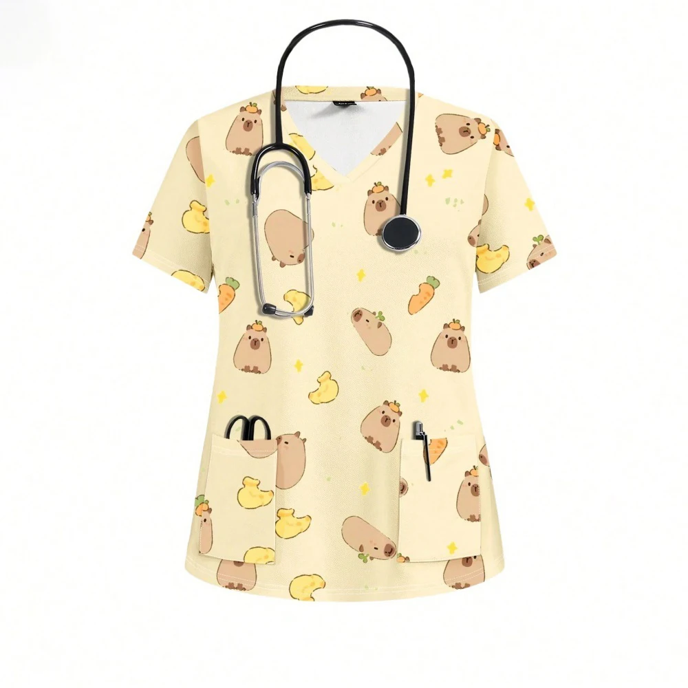 Hospital Nurse Uniforms Women Medical Uniform Print Scrub Top Silk Dental Clinic Work Clothes Mens Scrubs Short Sleeved Jacket