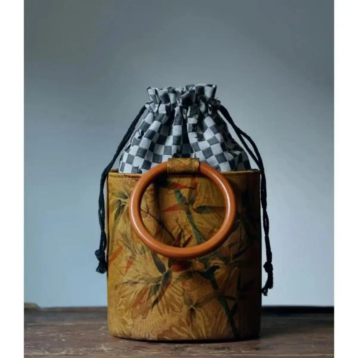 Chic Fashion National Style Ring Wooden Handle Retro Bucket Bag Cylinder Bag Autumn And Winter Chinese Style