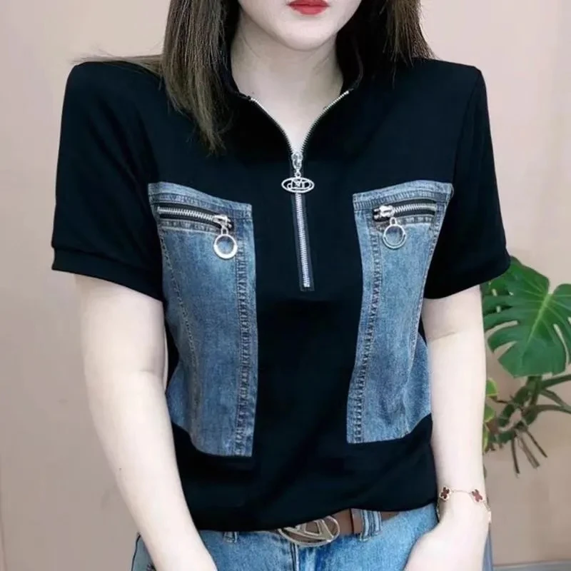New 2024 Spring Summer Autumn T-Shirt Top Women\'s Fashion Short Stand Up Collar Slim Patchwork Casual Denim Jacket Female
